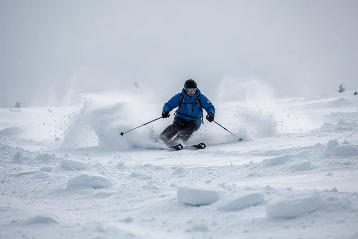 Skidåkare som snittar genom gropig skrad snö med snömoln bakom skidorna