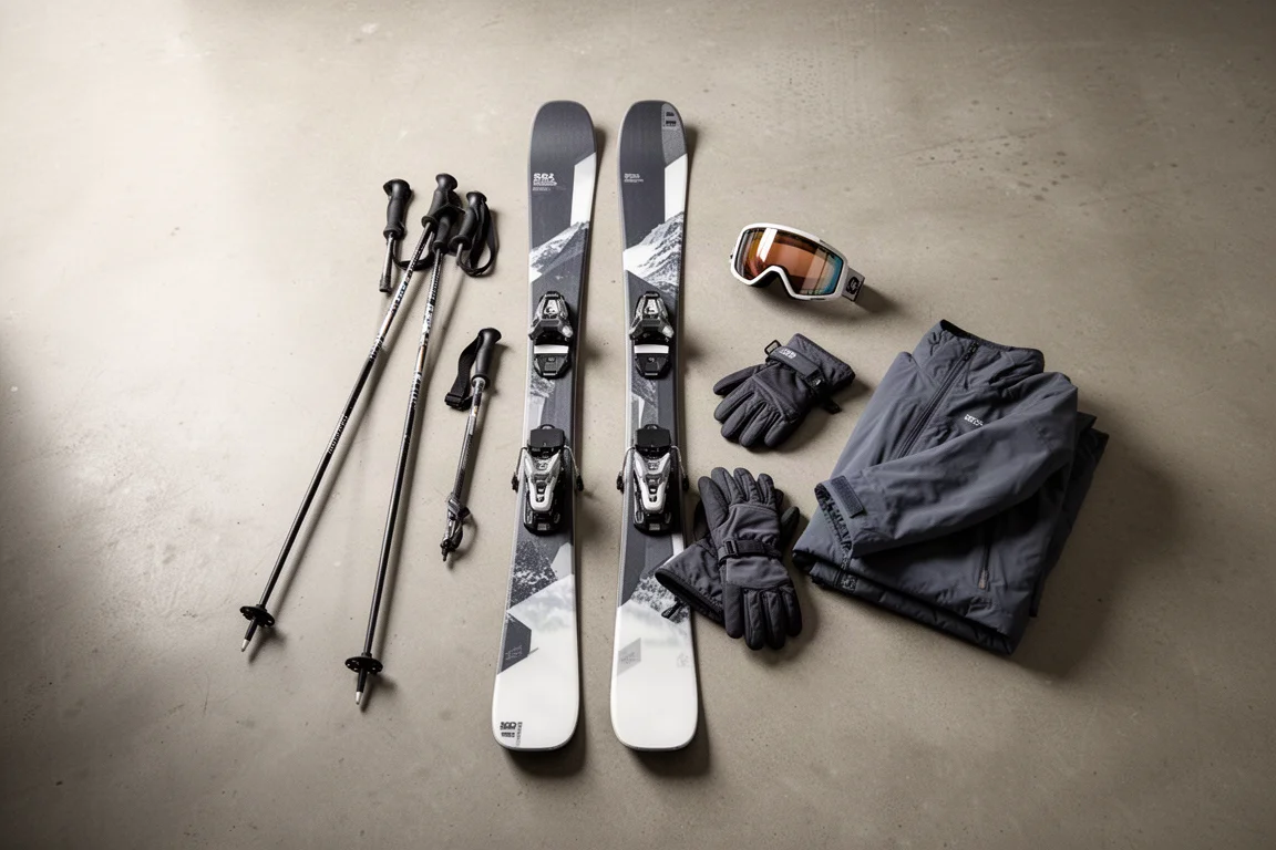 Övervy av skidutrustning på ett betonggolv före en dag på berget
