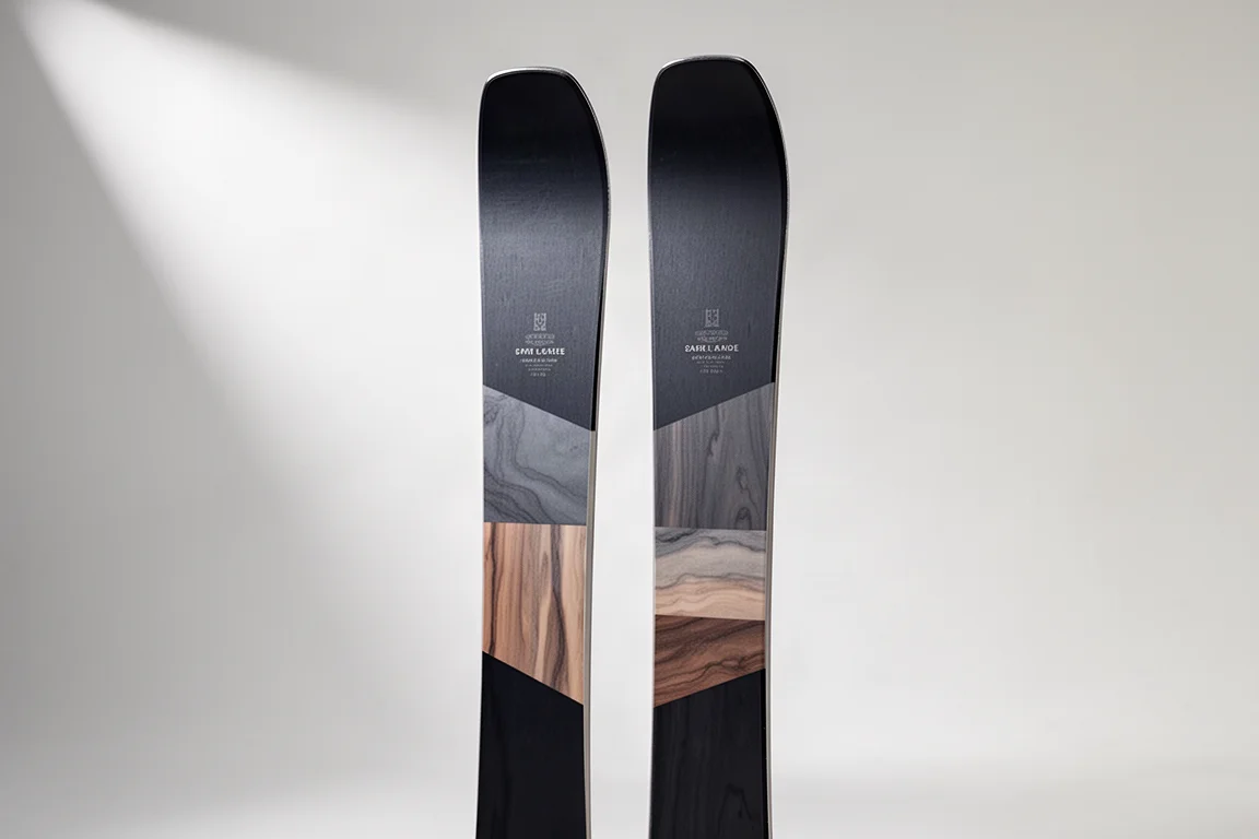 Wide directional freeride skis standing upright on a neutral grey studio backdrop