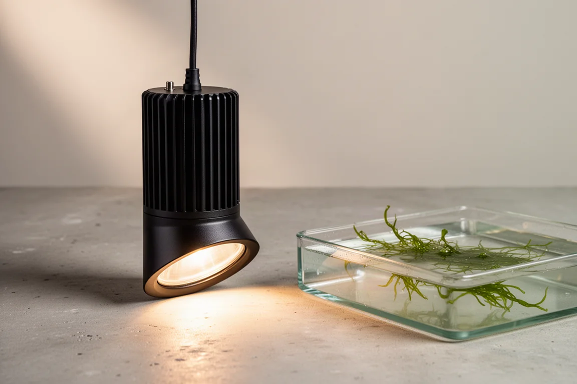 Compatta plafoniera LED nera per acquario accanto a una vaschetta bassa d'acqua e macroalghe verdi