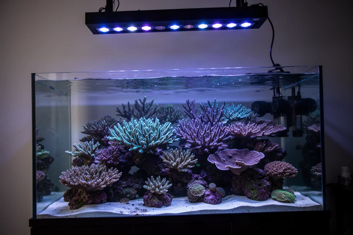Diep randloos rifaquarium verlicht door één hangende LED hoog boven het water