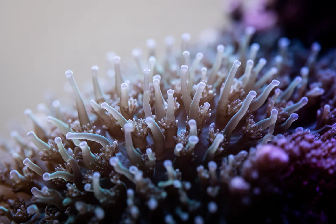 Vertakkende steenkoraalkolonie met bleekgroene en violette toppen onder een zachte lichtbundel