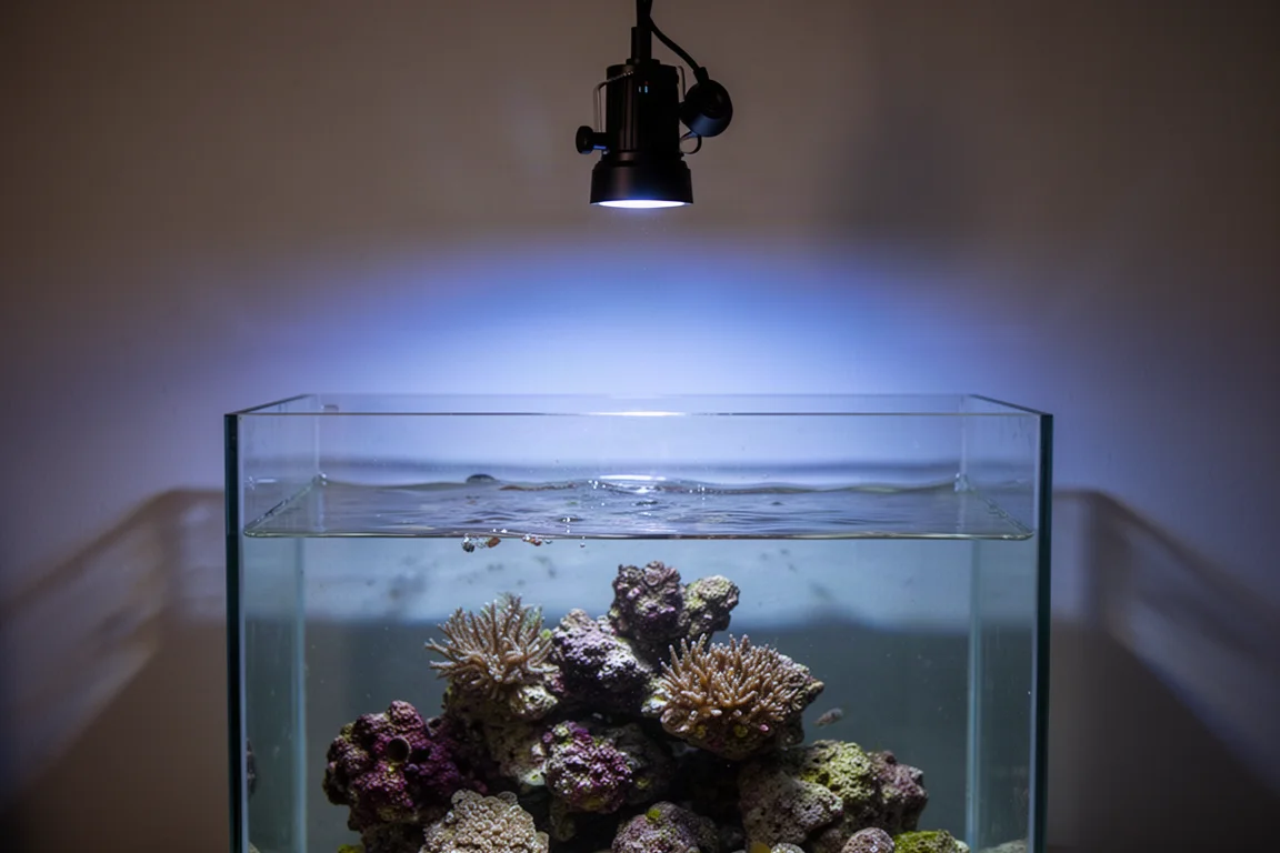 Rifrotsen verlicht door een enkele spot met scherpe schaduwen en glinsterlijnen op het wateroppervlak