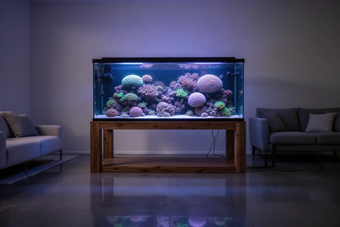 Minimalistische woonkamerhoek met een randloos rifaquarium en een slanke montagearm geklemd aan het achterglas