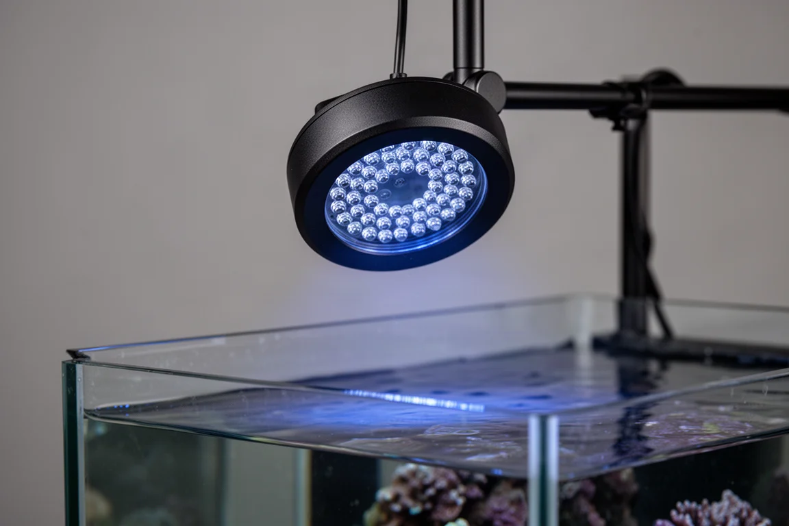 Plafoniera LED rotonda per acquario sopra una vasca di barriera senza bordo su sfondo scuro