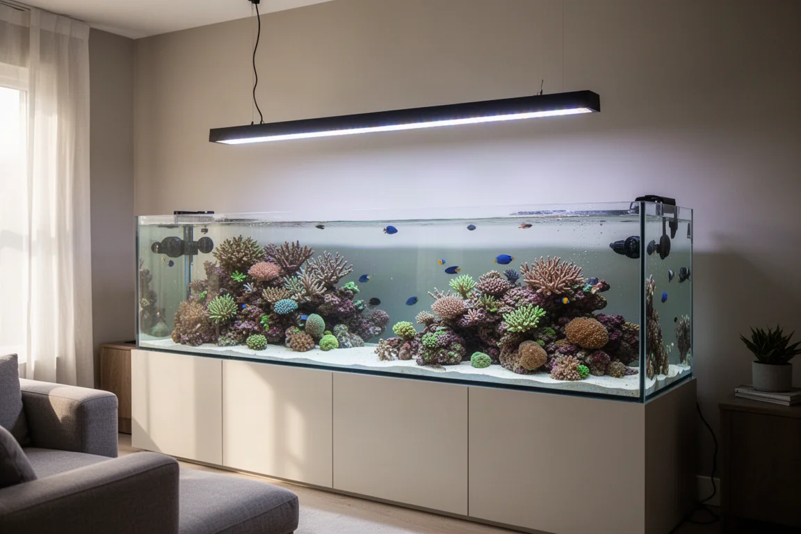 長方形魚缸上方以 LED 均勻布光,照耀混養珊瑚礁
