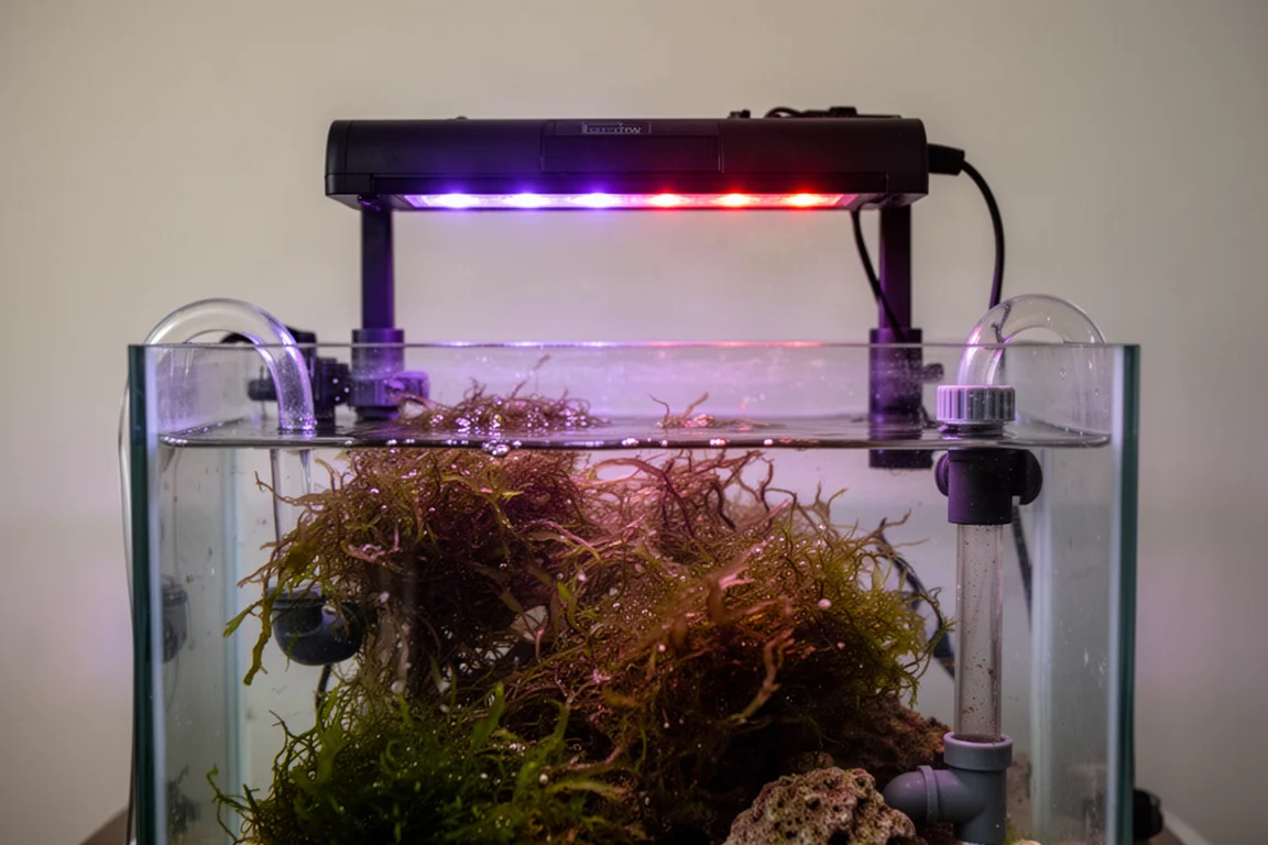 底缸藻缸中,紫紅 LED 燈光照在大型藻類上