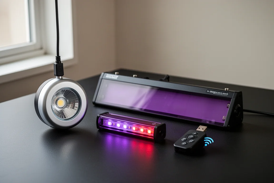 Prodotti per l'illuminazione LED per acquari Kessil disposti su una superficie scura