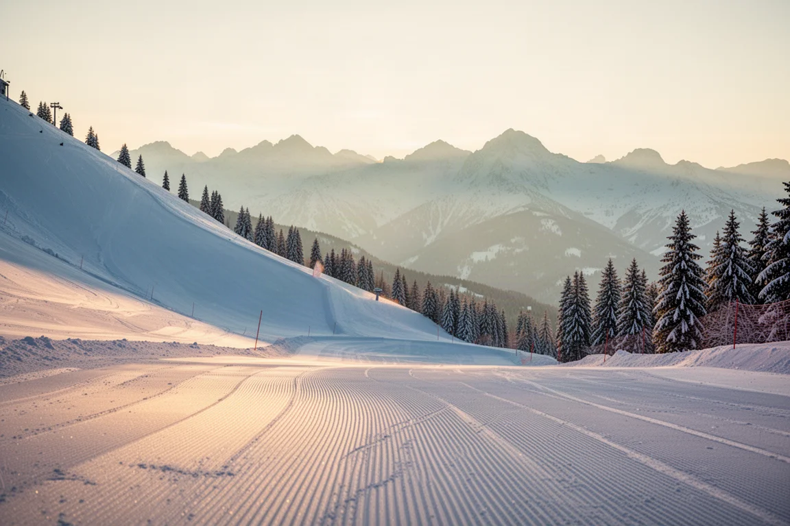 Präparierte Alpenpiste bei Sonnenaufgang mit weichem Schnee und Berggipfeln in der Ferne