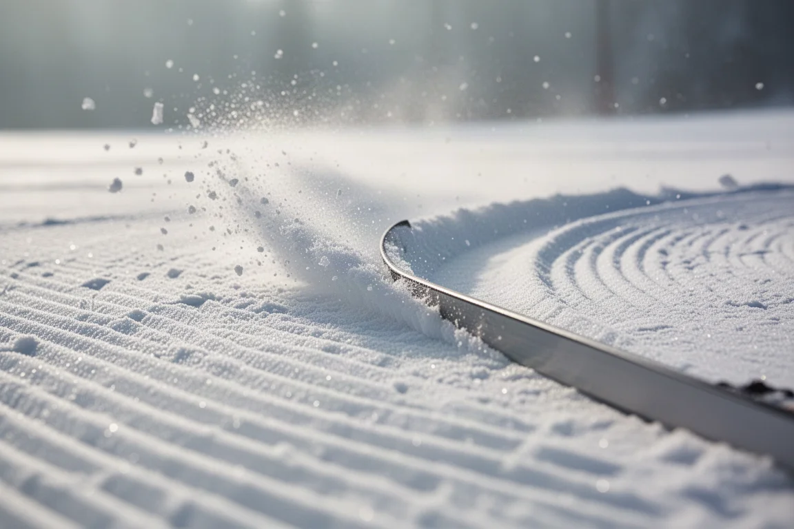 Skikante zieht einen sauberen Bogen durch frisch präparierten Bügelschnee