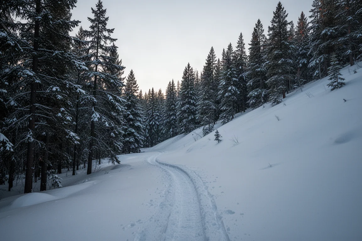 Deutsche Tourenspur windet sich bei Morgengrauen neben einer Pinienreihe durch den Schnee bergauf