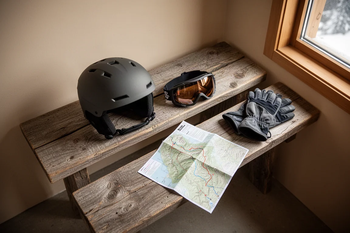 Skihelm, Brille, Handschuhe und gefaltete Pistenkarte auf einer verwitterten Holzbank