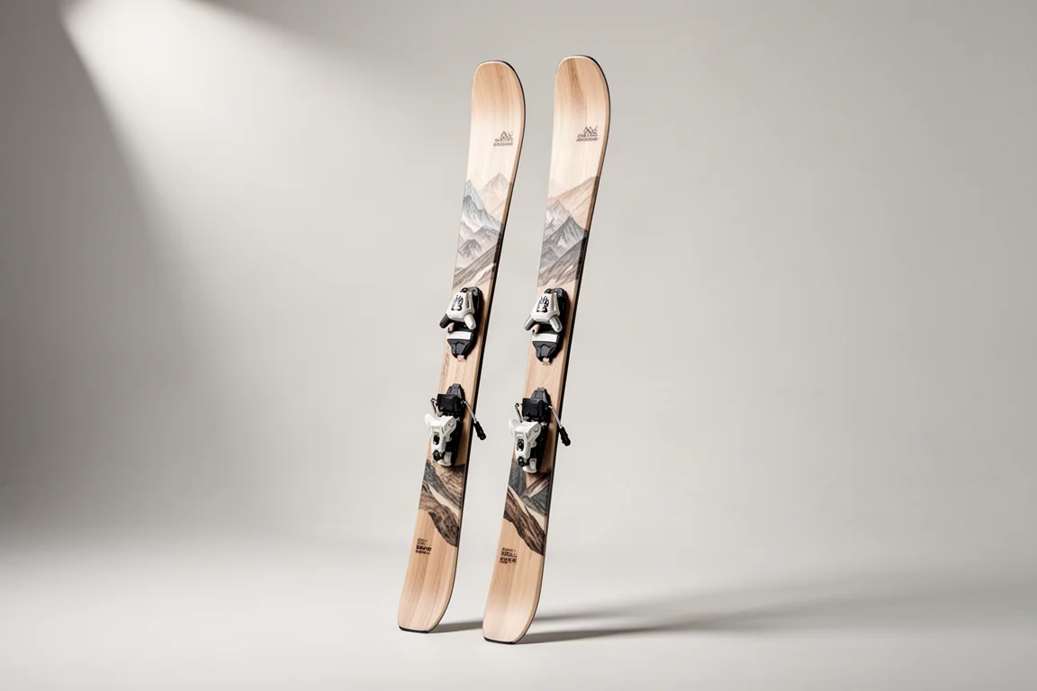 Paar All-Mountain-Skier für Damen mit holzfarbenem Topsheet, auf hellgrauem Hintergrund stehend