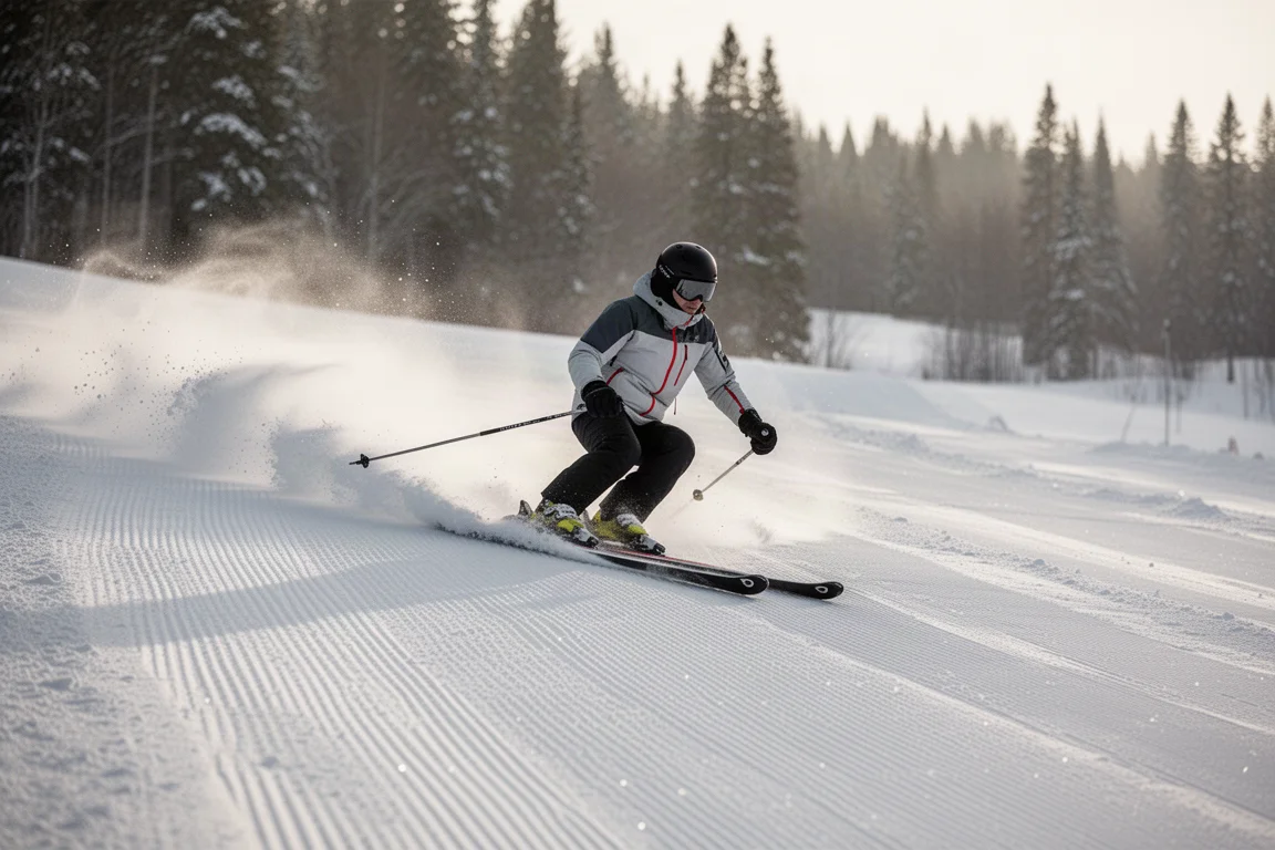 Skier carving a long turn on firm groomed snow in early morning light