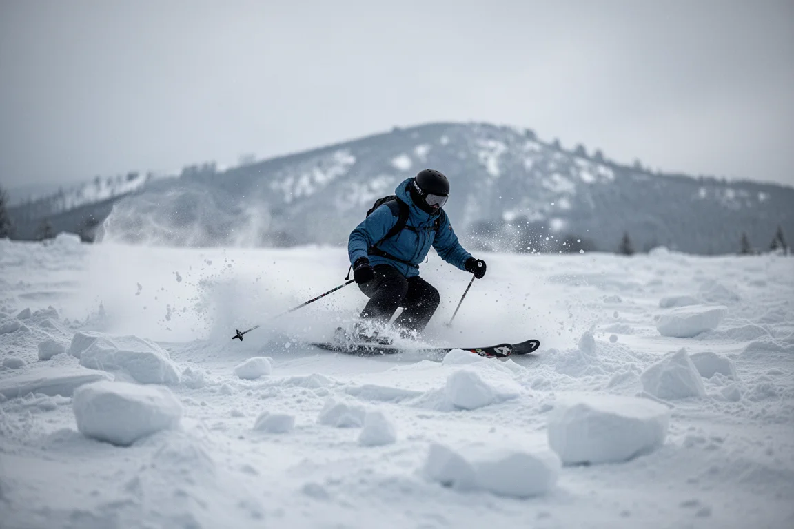 Skier traversing variable off-piste snow with rough chopped surface