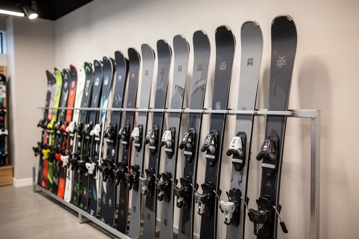 Row of all-mountain skis standing in a rack at a ski shop