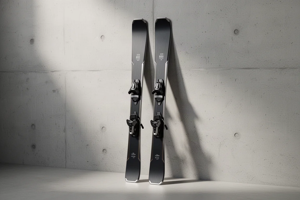 Pair of dark matte all-mountain skis leaning against a concrete wall