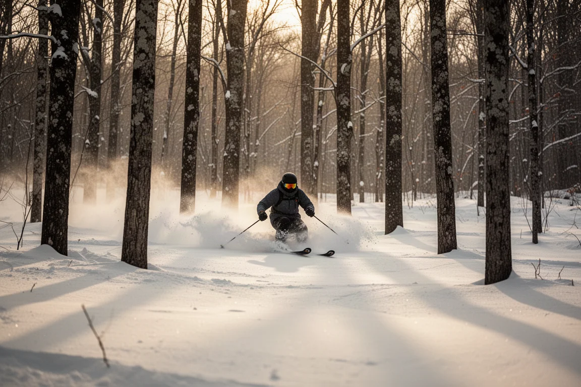 Skier weaving through a gladed tree run in soft powder snow at golden hour