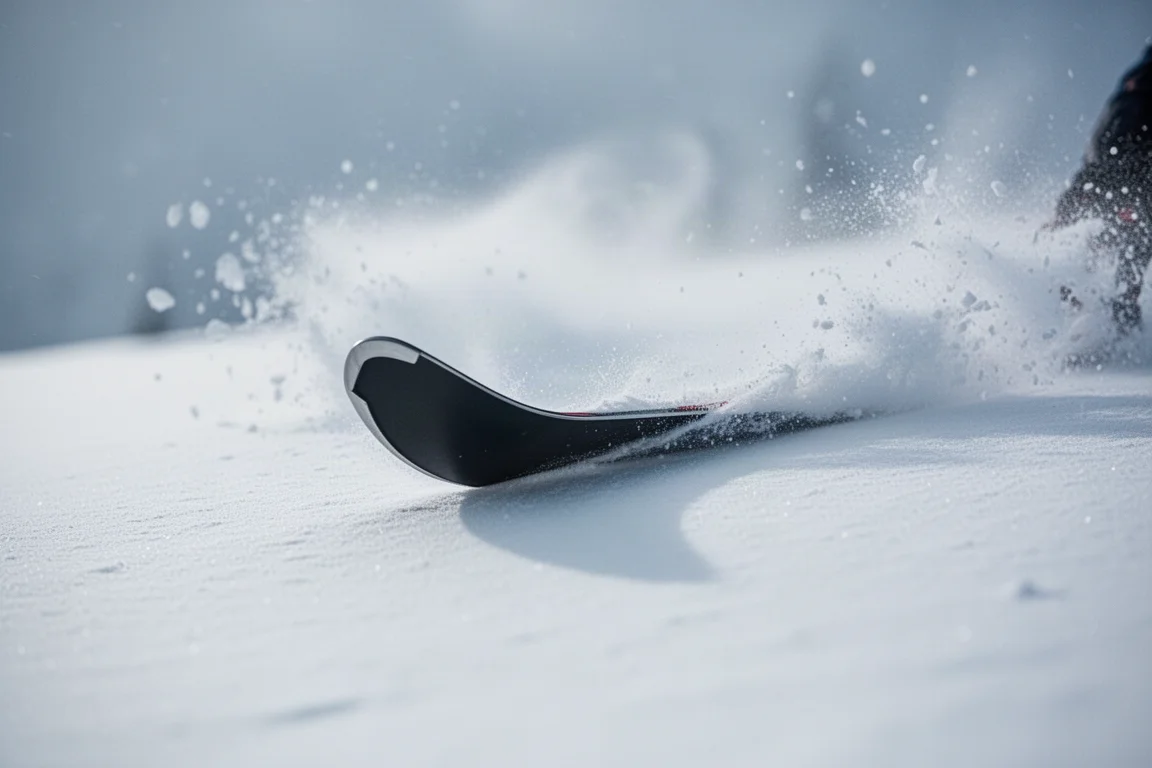 Close-up of a ski tip rocker profile pressing into fresh snow on a turn