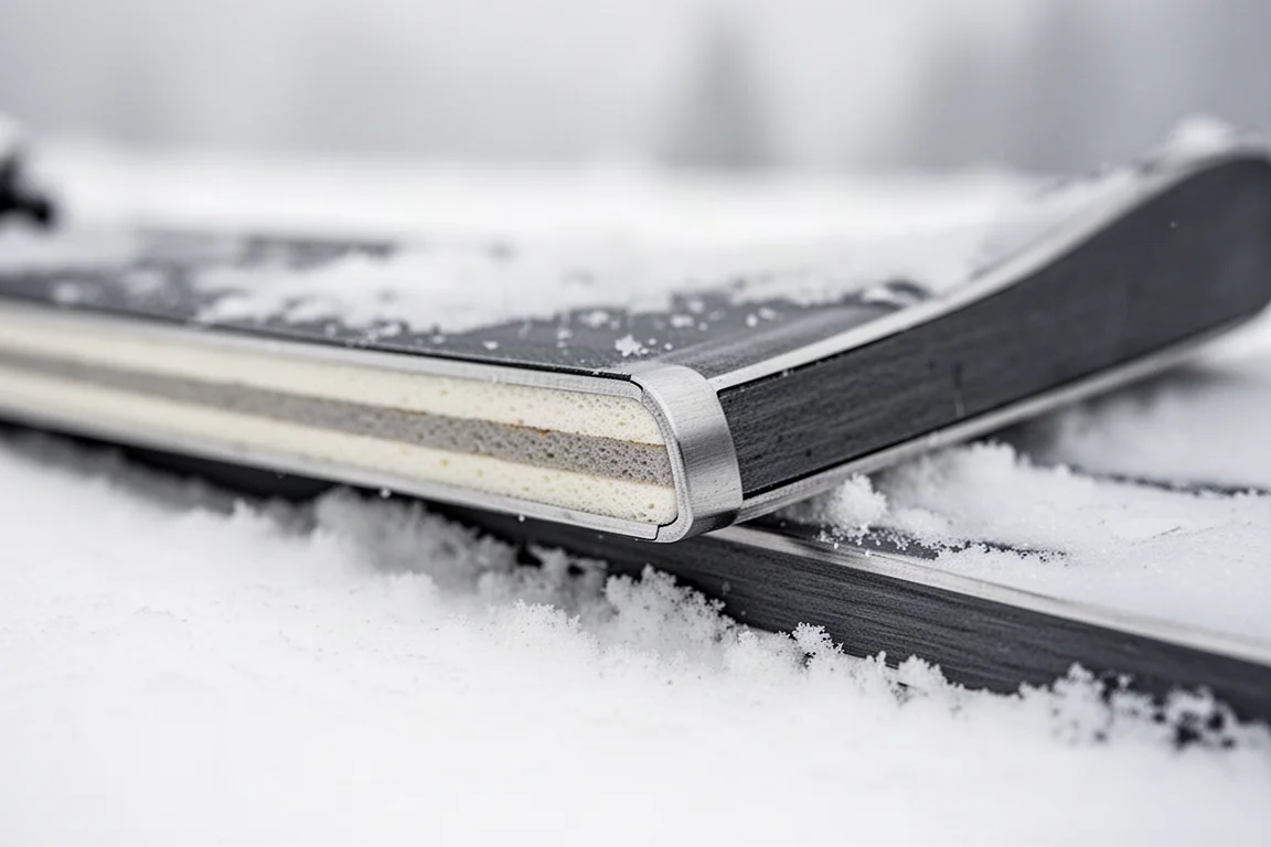 Macro view of layered ski sidewall and metal edge resting on packed snow