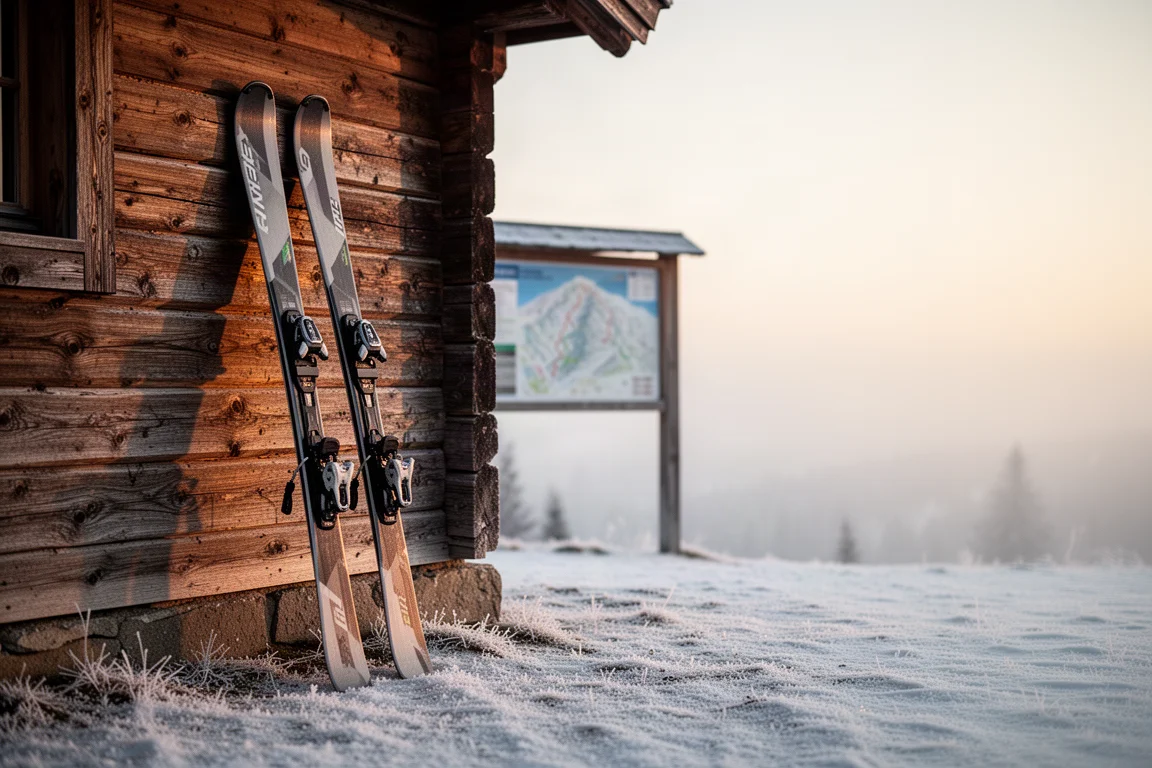 Pair of skis leaning against a wooden lodge wall at sunrise