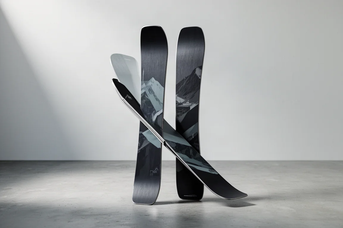 Pair of dark all-mountain skis standing upright on a matte concrete studio surface