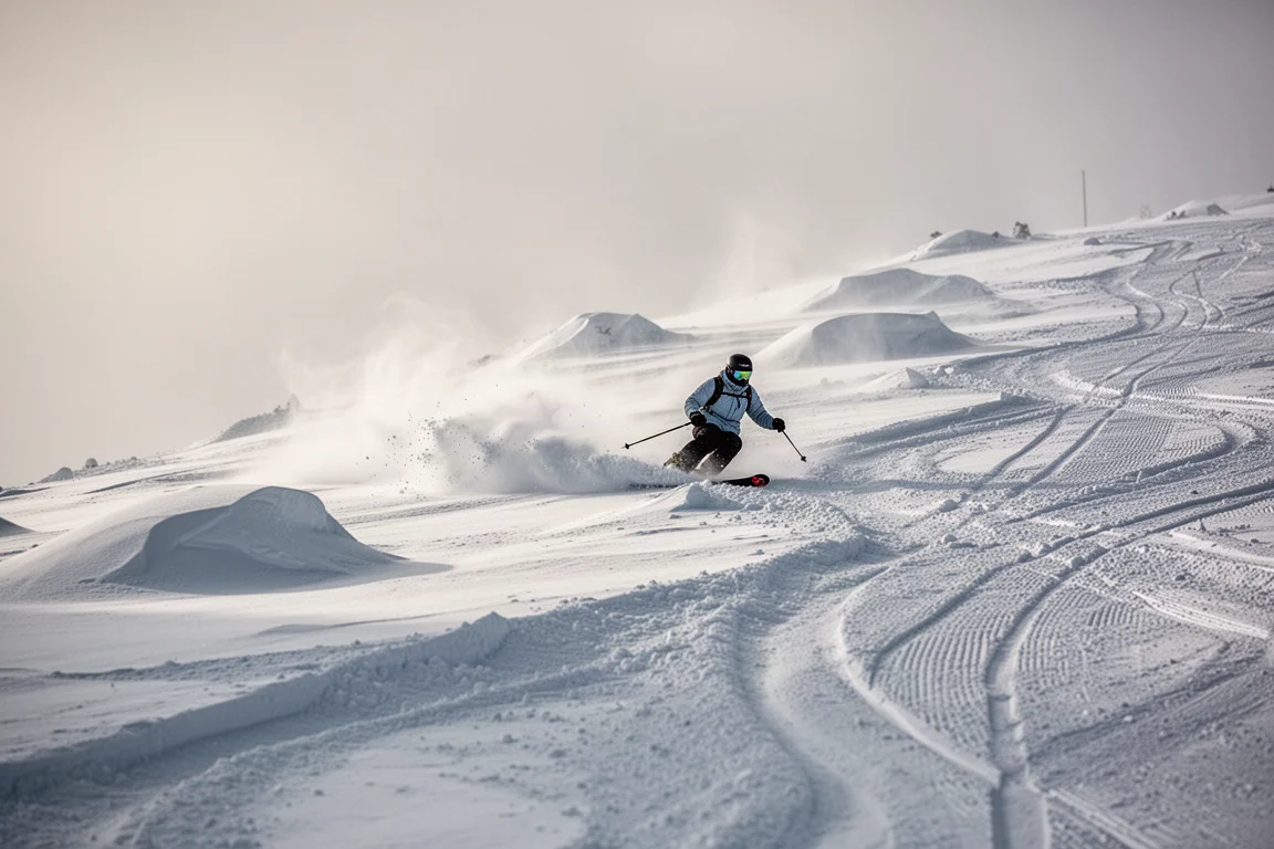 Piste damée labourée avec de la poudre tracée posée sur une base dure grise à la lumière du matin