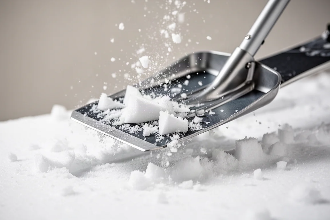 Gros plan sur la spatule d'un ski à laminate métallique taillant la neige travaillée avec des projections
