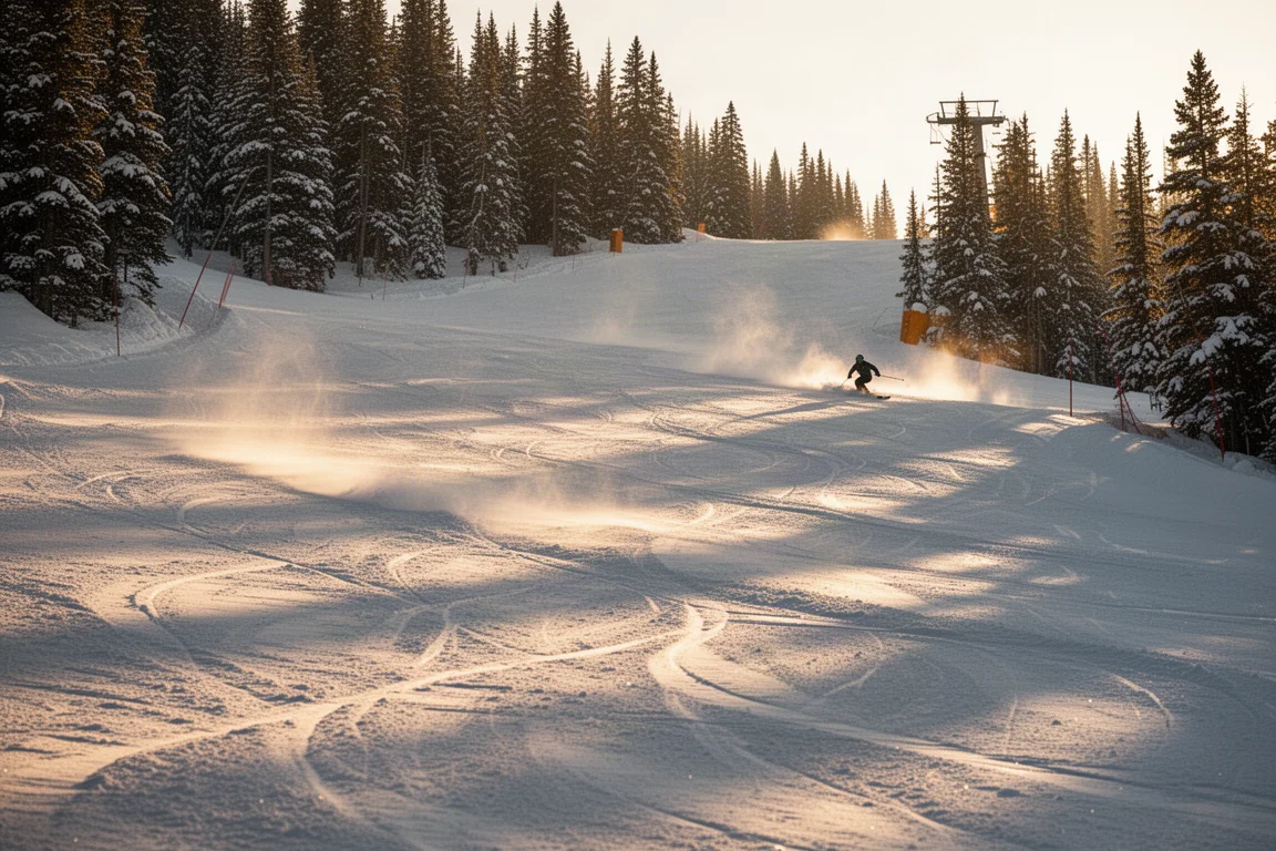 Pente all-mountain à l'heure dorée avec de la neige fraîche tendre sur des zones dures rabotées