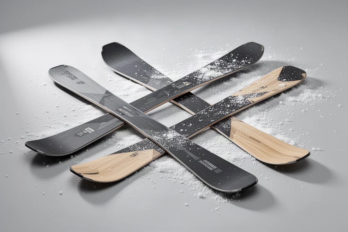 Two pairs of all-mountain skis on a grey surface with a dusting of fresh snow