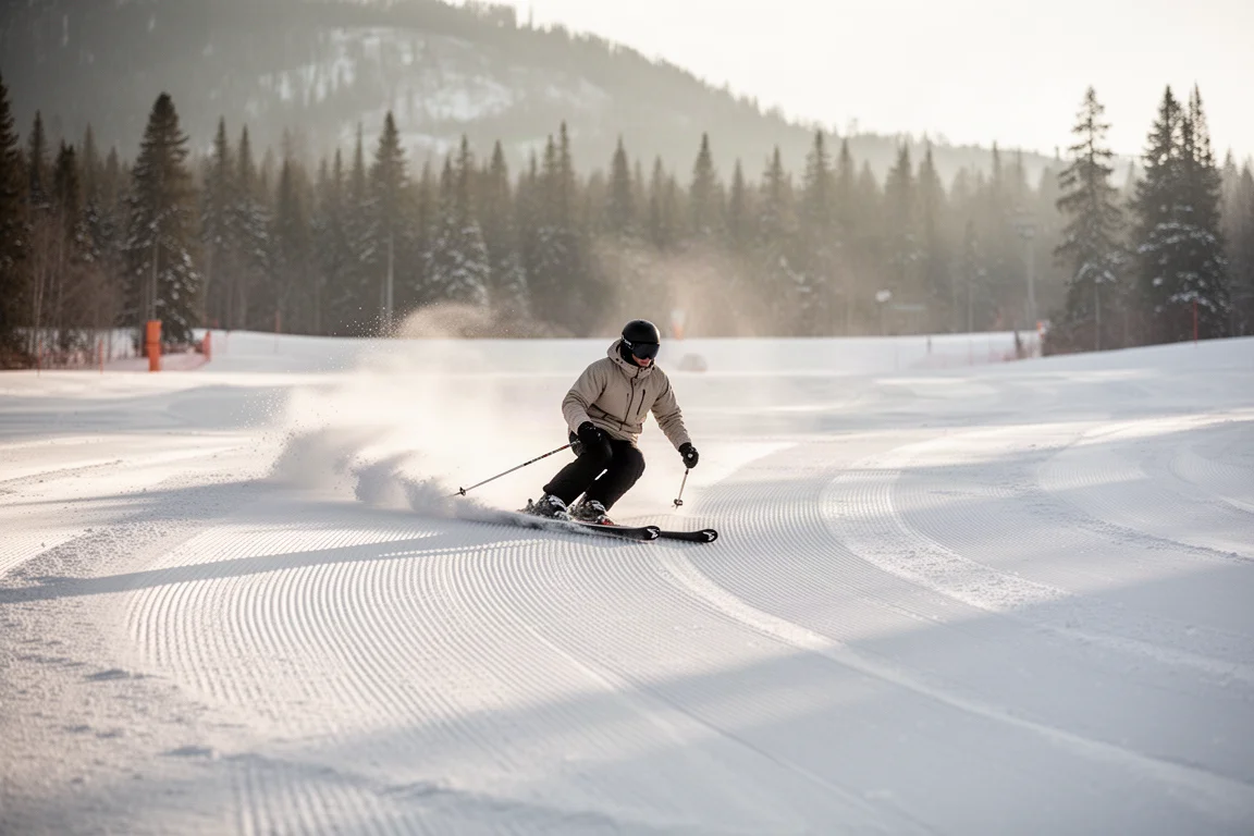 Skier carving a clean arc on a freshly groomed frontside run in morning light