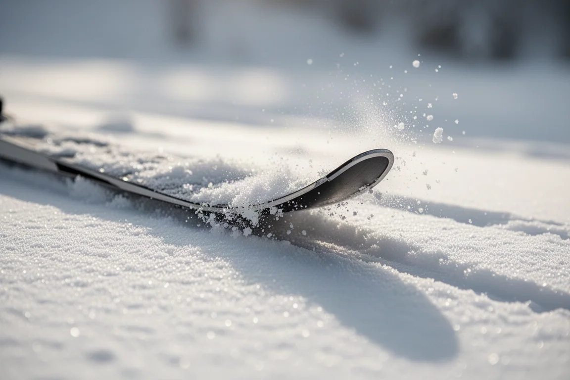 Close-up of ski edge gripping hardpack snow with spray kicking up