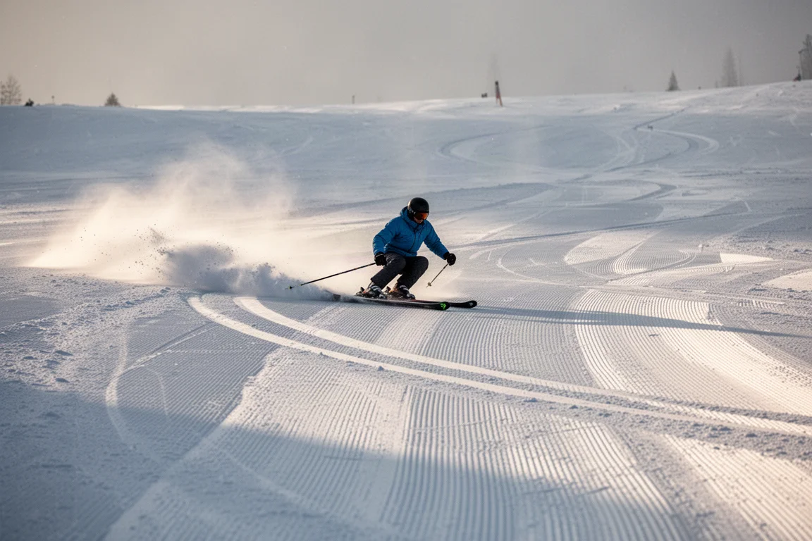 Skier linking round carved turns down a wide groomed slope