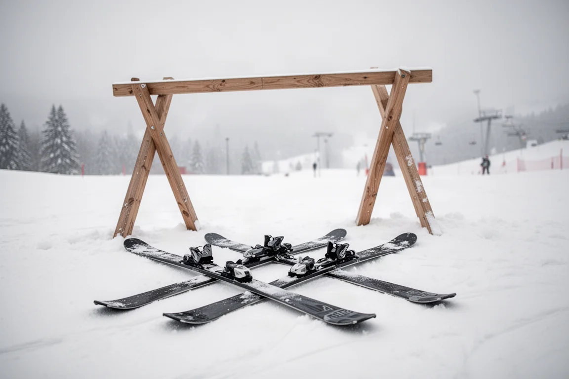 Pair of frontside skis resting flat on packed snow beside a ski rack