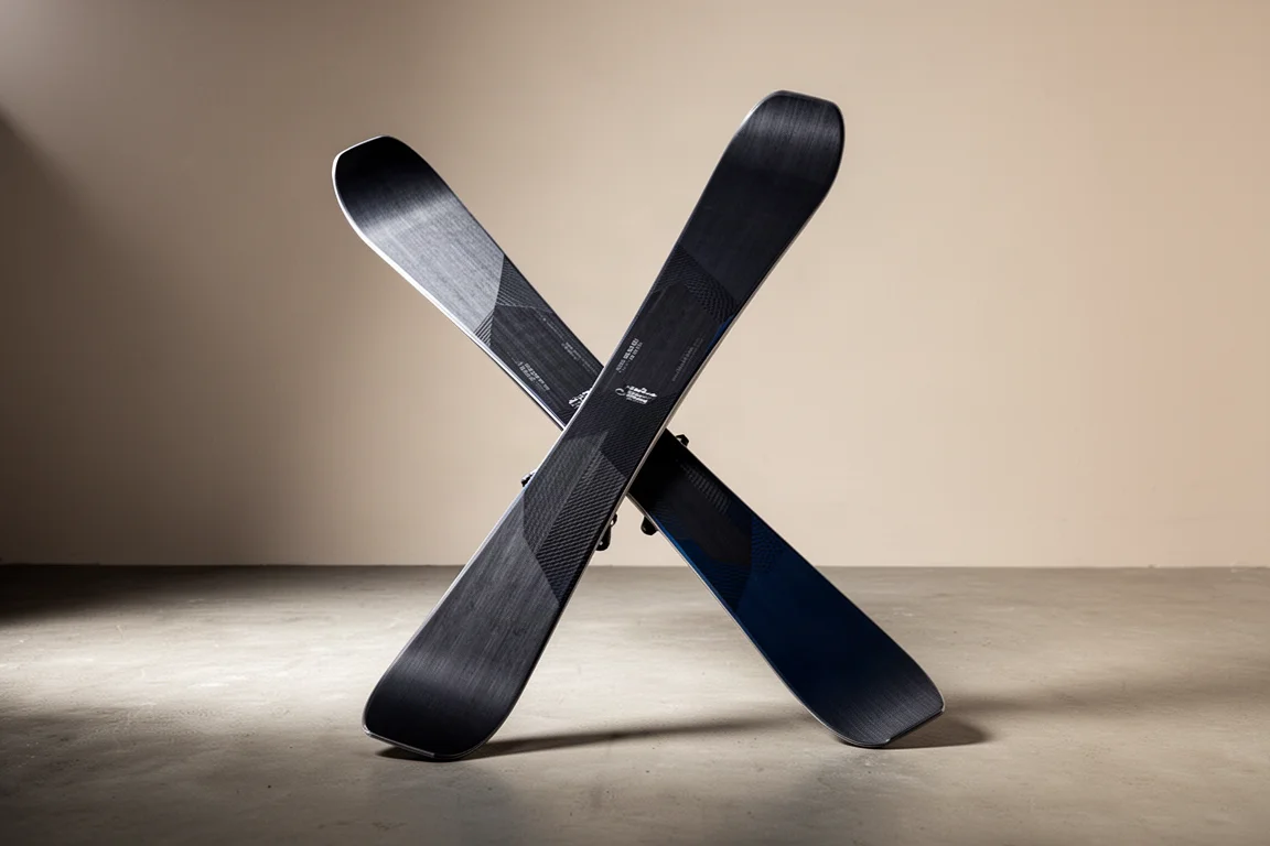 Pair of frontside alpine skis with oversized shovel and squared-off tail on concrete