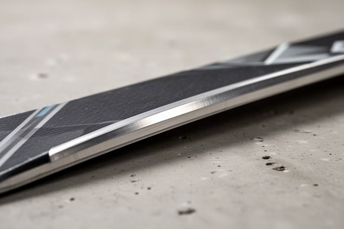 Close-up detail of a ski's metal top edge catching soft light