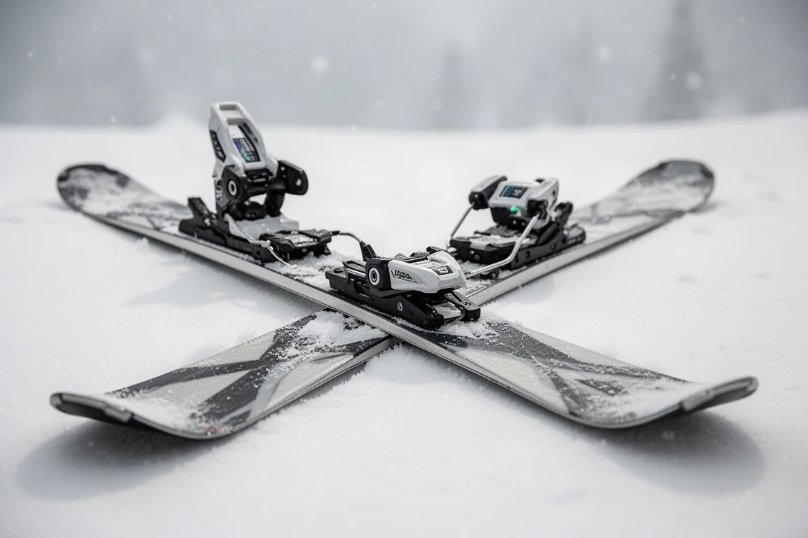 Ski boot sole stepping into a system binding on a ski laid on snow