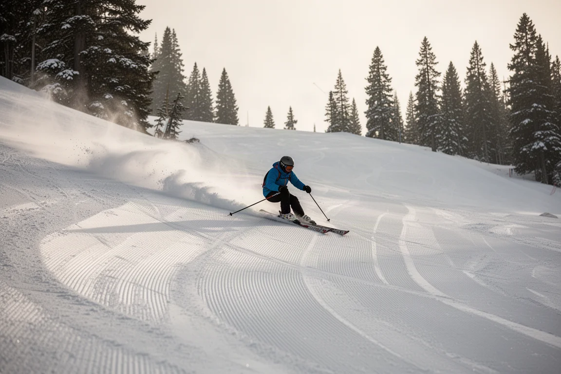 Skier carving clean arcs on a steep groomed run in morning light