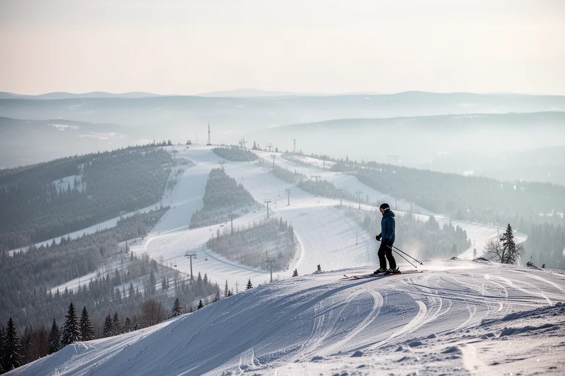 Skier standing on a quiet summit ridge above groomed slopes