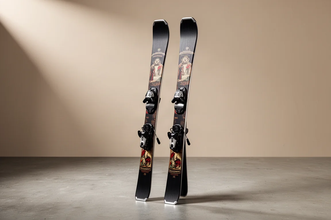 Pair of heritage-style alpine skis with metal top edges on a concrete surface