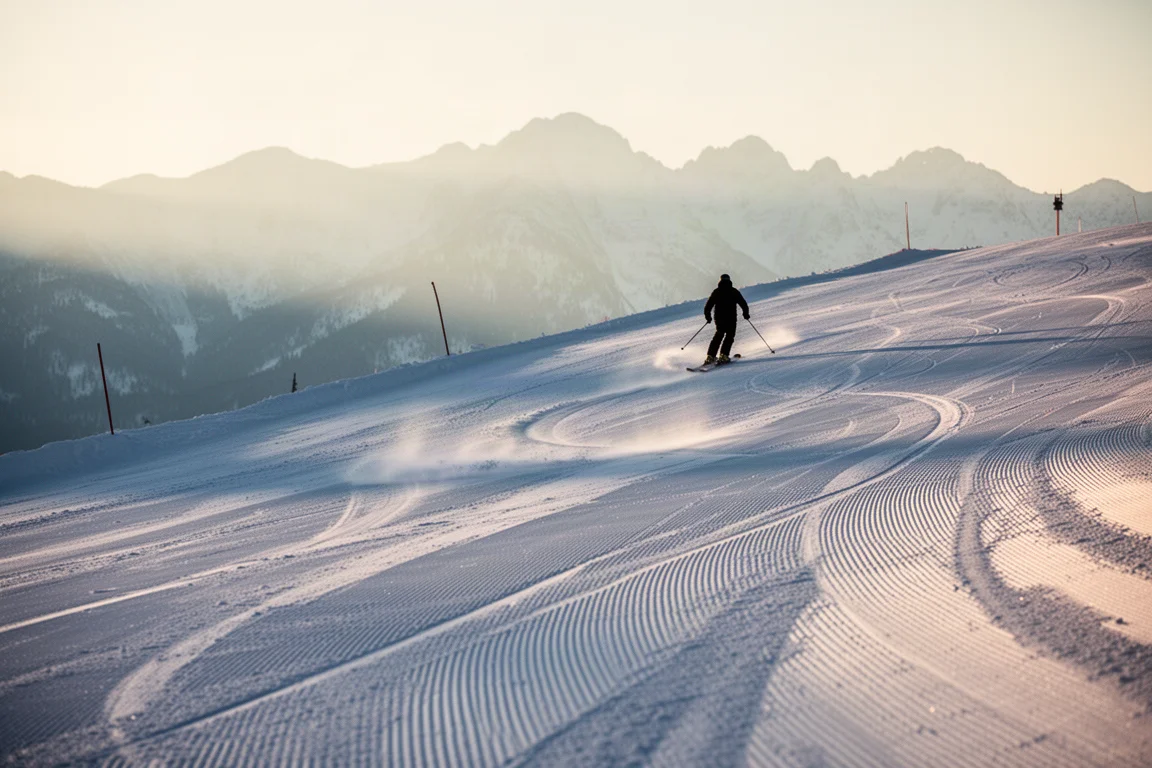 Breite präparierte Piste im ersten Licht, in der Ferne fährt ein Skifahrer saubere Schwünge