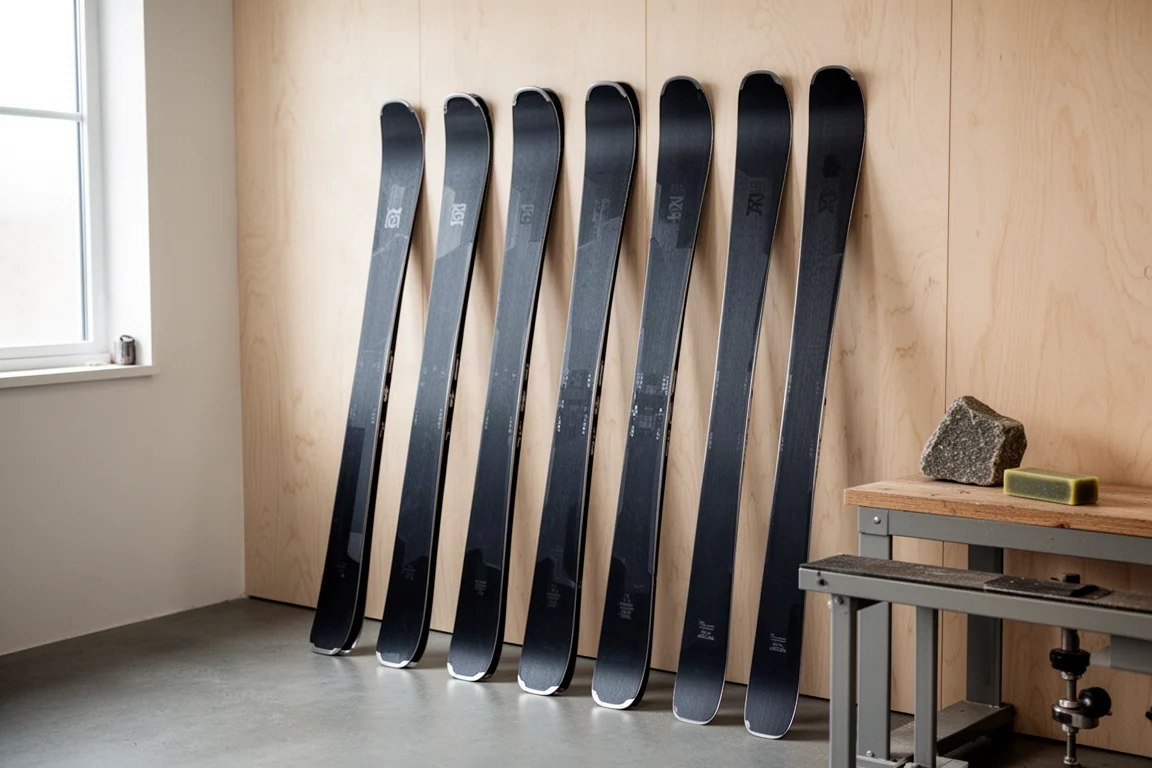 Reihe von All-Mountain-Skis in verschiedenen Breiten lehnt an einer Holzwand
