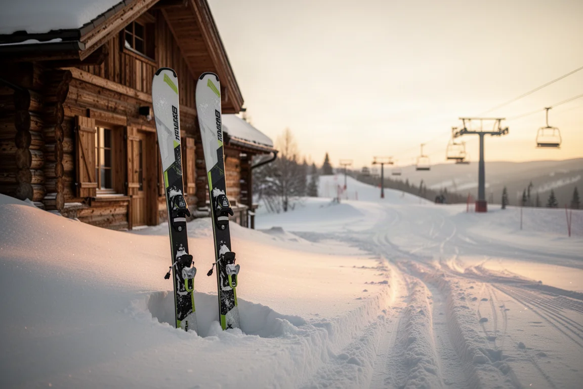 Paar breiter All-Mountain-Skis steht bei goldenem Licht in einem Schneehaufen neben einer Lodge
