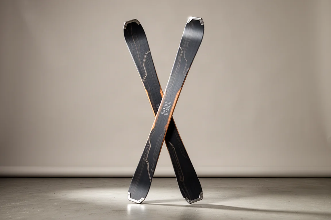 Pair of wide all-mountain skis with dark matte topsheets standing against a grey backdrop