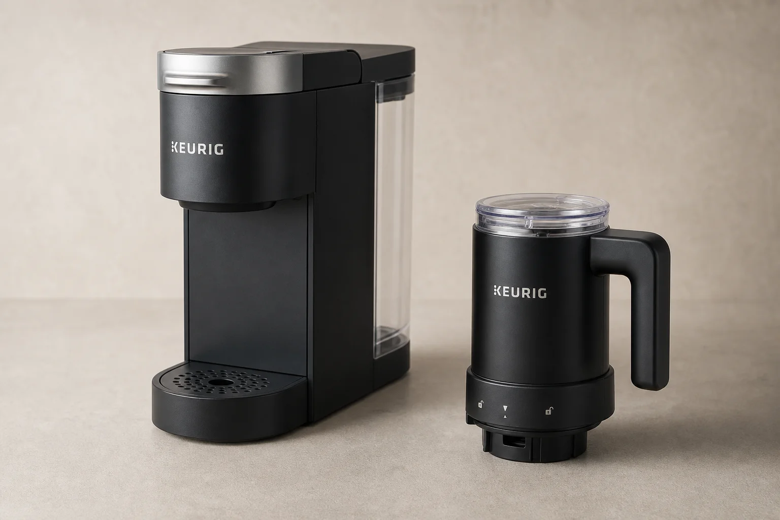 Keurig milk frother attachment positioned next to coffee maker