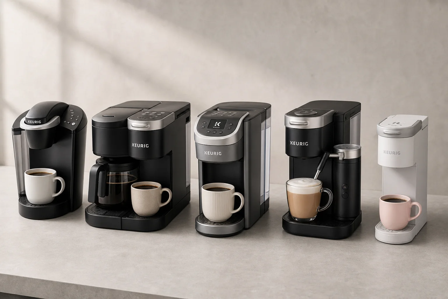 Five different Keurig coffee maker models arranged on a grey surface