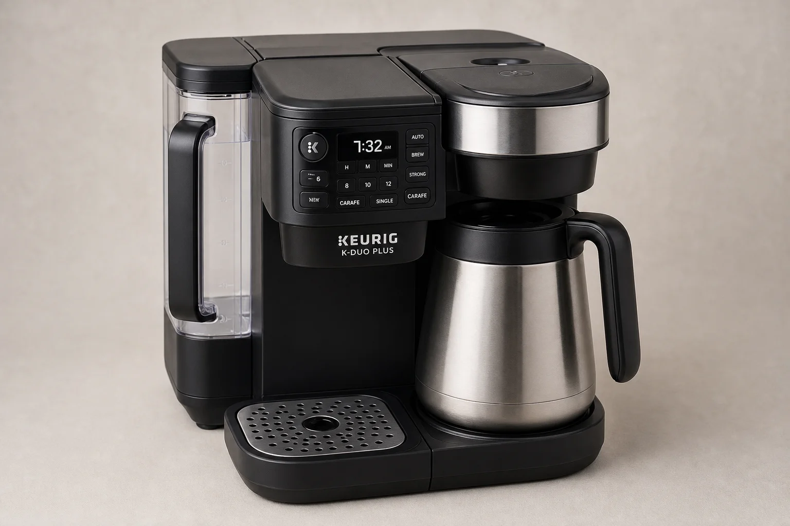Five dual-brew coffee makers arranged on neutral backdrop showing variety of designs