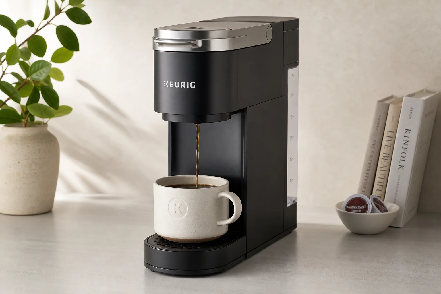 Five different Keurig coffee maker models arranged on a grey surface