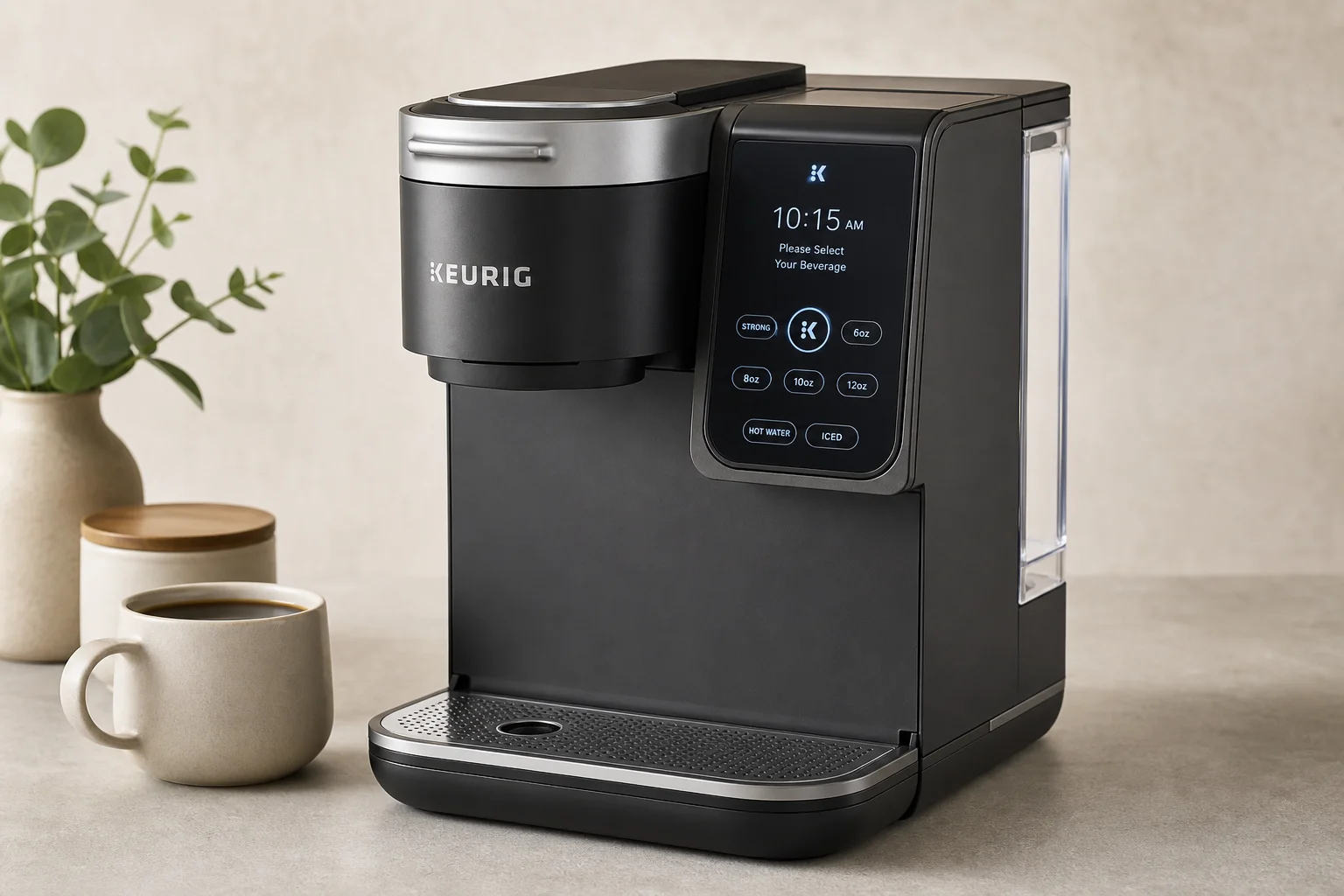 Five different Keurig coffee maker models arranged on a grey surface