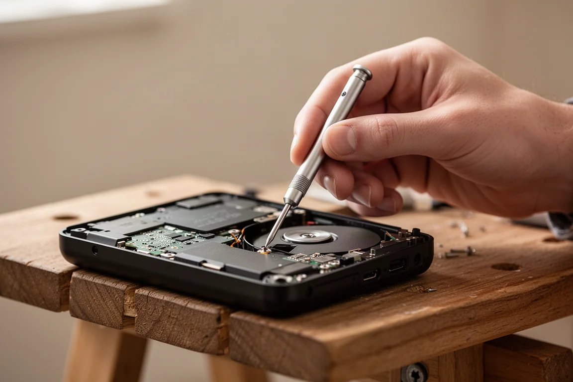Mini destornillador de titanio sostenido entre los dedos mientras se trabaja en un pequeño dispositivo electrónico